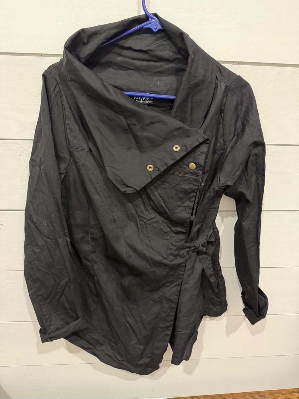Women’s Black Asymmetrical Wrap Blouse with Snap Detail